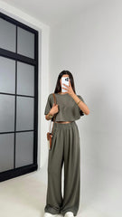 Green Women Oversized Crop T-Shirt & Wide-Leg Trouser