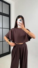 Brown Women Oversized Crop T-Shirt & Wide-Leg Trouser