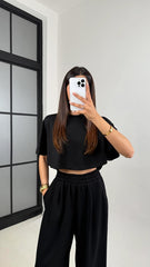 Black Women Oversized Crop T-Shirt & Wide-Leg Trouser