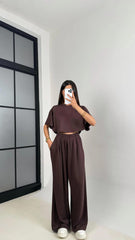 Brown Women Oversized Crop T-Shirt & Wide-Leg Trouser