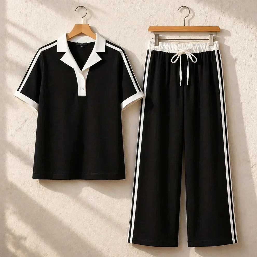 Contrast Collar Style Western 2-Pcs Summer Dry-Fit Tracksuit For Her.