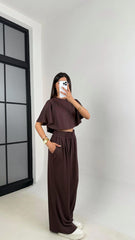 Brown Women Oversized Crop T-Shirt & Wide-Leg Trouser