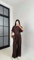 Brown Women Oversized Crop T-Shirt & Wide-Leg Trouser