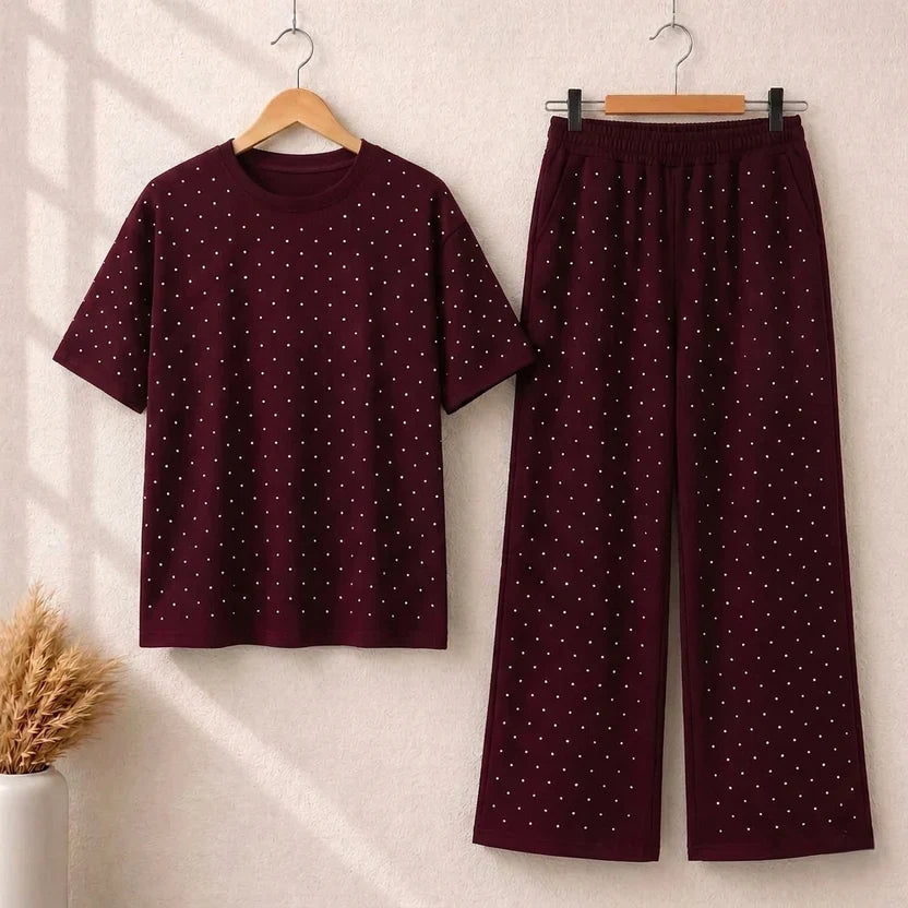 Glitter Round Neck Women 2 Piece Summer Dryfit Tracksuit